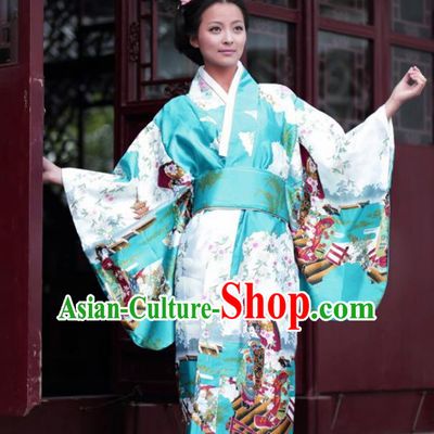 Traditional Japanese Costumes Asian Japan Kimono Printing Green Furisode Yukata for Women