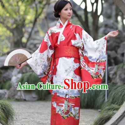 Traditional Japanese Costumes Asian Japan Kimono Printing Red Furisode Yukata for Women