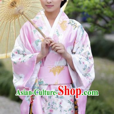 Traditional Japanese Costumes Asian Japan Kimono Printing Pink Furisode Yukata for Women