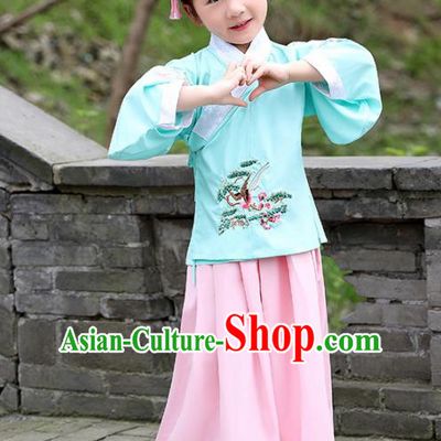 Traditional Chinese Ancient Ming Dynasty Costumes Green Blouse and Pink Skirt for Kids