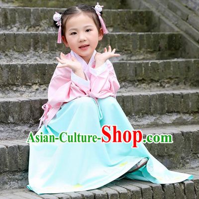Traditional Chinese Ancient Ming Dynasty Costumes Pink Blouse and Green Skirt for Kids