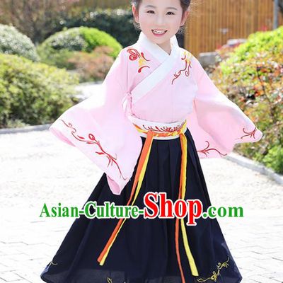 Traditional Chinese Ancient Ming Dynasty Costumes Pink Blouse and Navy Skirt for Kids