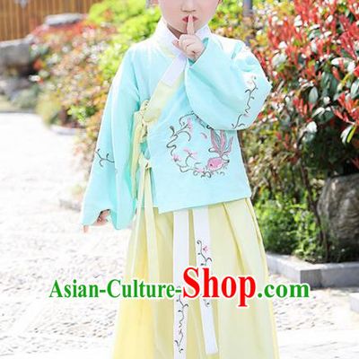 Traditional Chinese Ancient Ming Dynasty Costumes Blue Blouse and Yellow Skirt for Kids