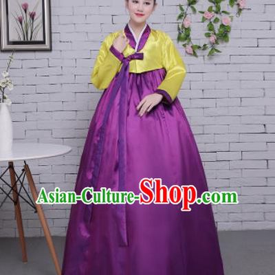 Korean Traditional Palace Costumes Asian Korean Hanbok Bride Yellow Blouse and Purple Skirt for Women
