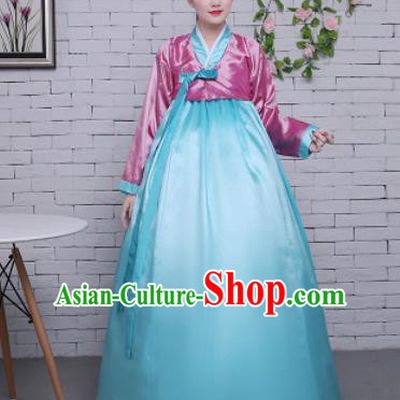 Korean Traditional Palace Costumes Asian Korean Hanbok Bride Pink Blouse and Blue Skirt for Women