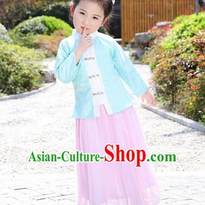 Chinese Ancient Ming Dynasty Costumes Traditional Green Blouse and Pink Skirt for Kids