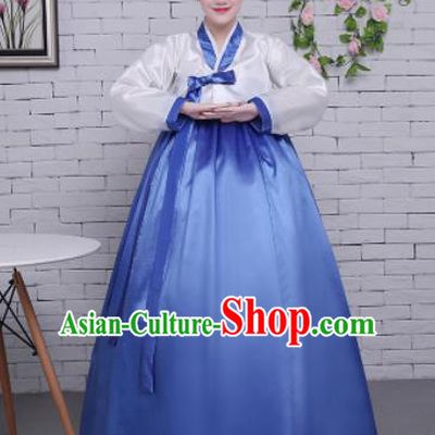 Korean Traditional Palace Costumes Asian Korean Hanbok Bride White Blouse and Blue Skirt for Women