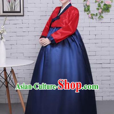 Korean Traditional Palace Costumes Asian Korean Hanbok Bride Red Blouse and Navy Skirt for Women