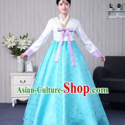 Traditional Korean Palace Costumes Asian Korean Hanbok Bride White Blouse and Blue Skirt for Women