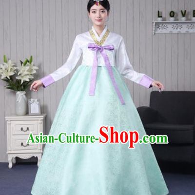 Traditional Korean Palace Costumes Asian Korean Hanbok Bride White Blouse and Green Skirt for Women