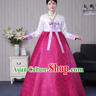 Traditional Korean Palace Costumes Asian Korean Hanbok Bride White Blouse and Rosy Skirt for Women