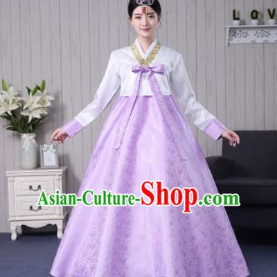 Traditional Korean Palace Costumes Asian Korean Hanbok Bride White Blouse and Lilac Skirt for Women