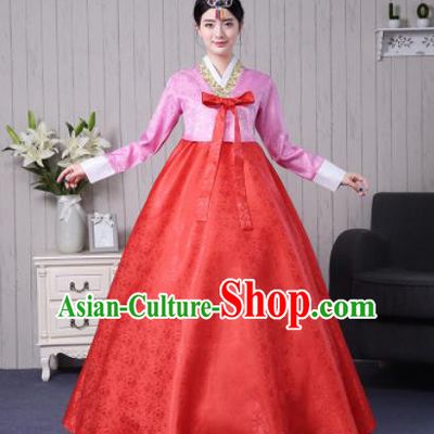 Traditional Korean Palace Costumes Asian Korean Hanbok Bride Pink Blouse and Red Skirt for Women