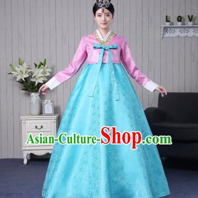 Traditional Korean Palace Costumes Asian Korean Hanbok Bride Pink Blouse and Blue Skirt for Women