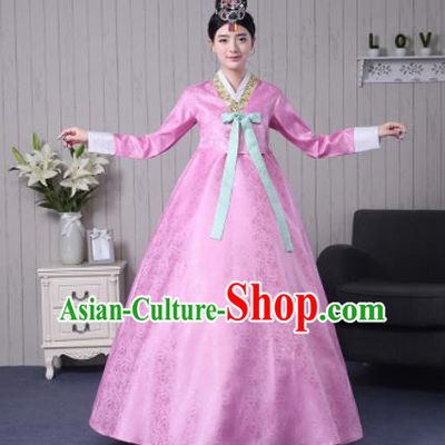 Traditional Korean Palace Costumes Asian Korean Hanbok Bride Pink Blouse and Skirt for Women
