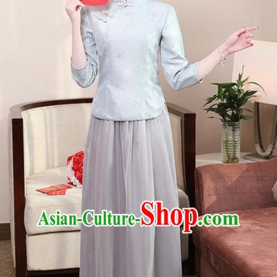 Chinese Ancient Bridesmaid Costumes Traditional Embroidered Grey Qipao Blouse and Skirt for Women