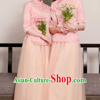 Chinese Ancient Bridesmaid Costumes Traditional Embroidered Pink Qipao Blouse and Skirt for Women
