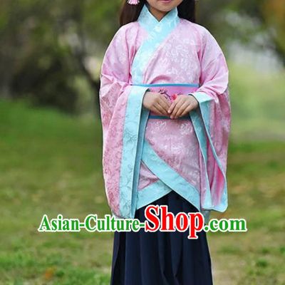 Chinese Ancient Han Dynasty Princess Costumes Traditional Pink Curving-Front Robe for Kids