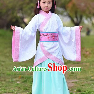 Chinese Ancient Han Dynasty Princess Costumes Traditional White Curving-Front Robe for Kids