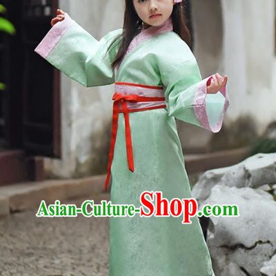 Chinese Ancient Han Dynasty Princess Costumes Traditional Green Hanfu Dress for Kids