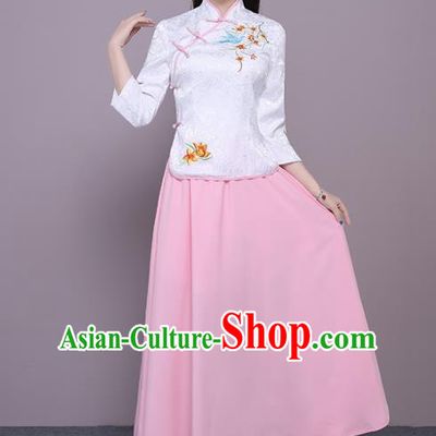Chinese Ancient Bridesmaid Costumes Traditional Embroidered White Qipao Blouse and Pink Skirt for Women