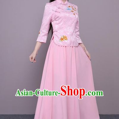 Chinese Ancient Bridesmaid Costumes Traditional Embroidered Pink Qipao Blouse and Skirt for Women