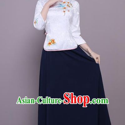 Chinese Ancient Bridesmaid Costumes Traditional Embroidered White Qipao Blouse and Navy Skirt for Women