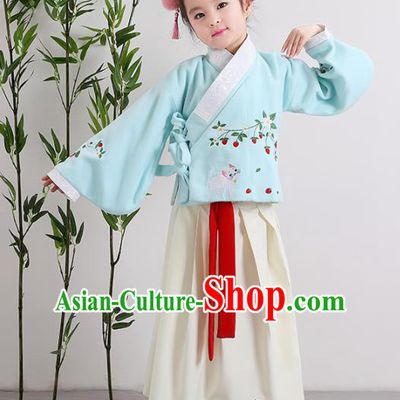 Chinese Ancient Ming Dynasty Children Costumes Traditional Blue Blouse and Beige Skirt for Kids