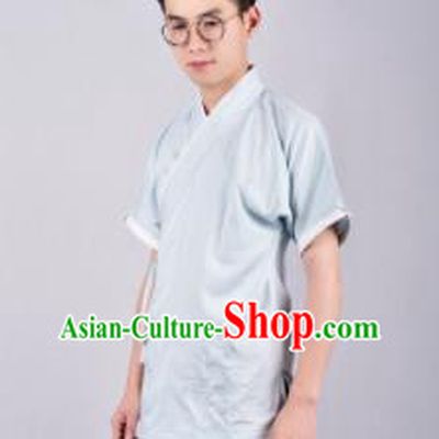 Chinese Ancient Swordsman Hanfu Han Dynasty Costume Blue Tang Suit Shirt for Men