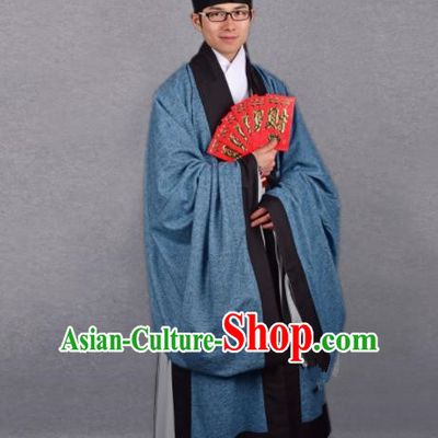 Chinese Ancient Taoist Blue Cloak Traditional Ming Dynasty Minister Costume for Men