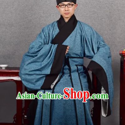 Chinese Ancient Taoist Blue Robe Traditional Ming Dynasty Minister Costume for Men