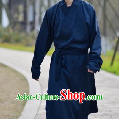 Chinese Ancient Traditional Ming Dynasty Taoist Priest Costume Monk Navy Robe for Men