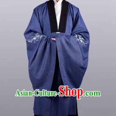 Chinese Ancient Traditional Ming Dynasty Taoist Priest Costume Scholar Blue Cloak for Men