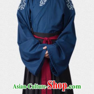 Chinese Ancient Traditional Ming Dynasty Scholar Blue Costumes Complete Set for Men