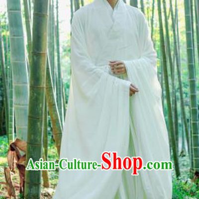 Chinese Ancient Traditional Jin Dynasty Scholar Swordsman Hermit White Costumes for Men