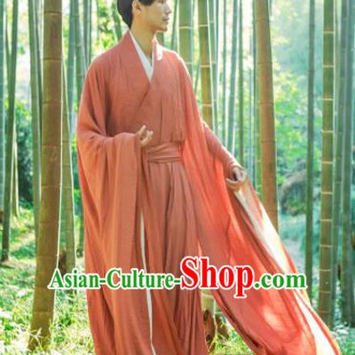 Chinese Ancient Traditional Jin Dynasty Scholar Swordsman Hermit Orange Costumes for Men