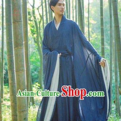 Chinese Ancient Traditional Jin Dynasty Scholar Swordsman Hermit Navy Costumes for Men