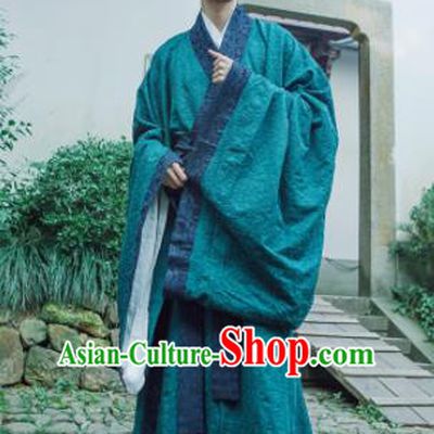 Chinese Ancient Traditional Han Dynasty Green Cloak Scholar Swordsman Costumes for Men