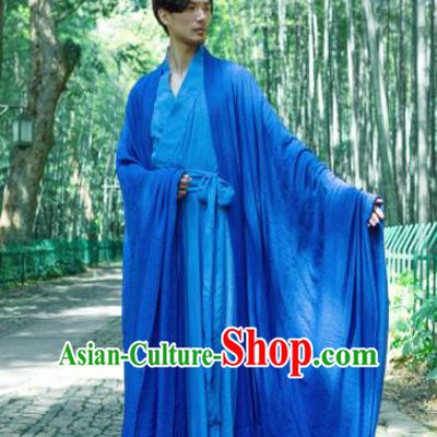 Chinese Ancient Traditional Han Dynasty Blue Cloak Scholar Swordsman Costumes for Men
