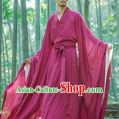 Chinese Ancient Traditional Han Dynasty Wine Red Cloak Scholar Swordsman Costumes for Men