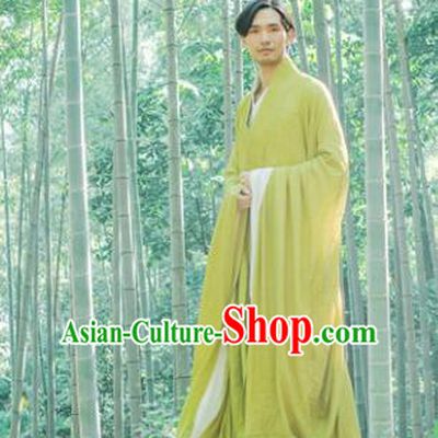Chinese Ancient Traditional Han Dynasty Yellow-green Cloak Scholar Swordsman Costumes for Men