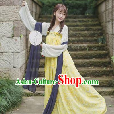 Traditional Chinese Tang Dynasty Maidenform Costume Ancient Princess Yellow Hanfu Dress for Women