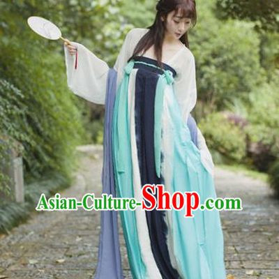 Traditional Chinese Tang Dynasty Maidenform Costume Ancient Princess Blue Hanfu Dress for Women