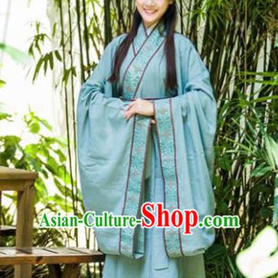 Traditional Chinese Han Dynasty Princess Costume Ancient Green Curving-Front Robe for Women