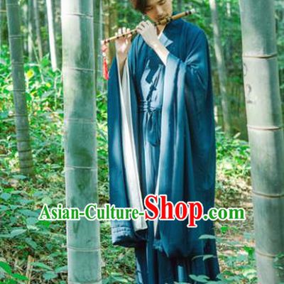 Chinese Ancient Traditional Han Dynasty Blue Wide Sleeve Robe Scholar Swordsman Costumes for Men