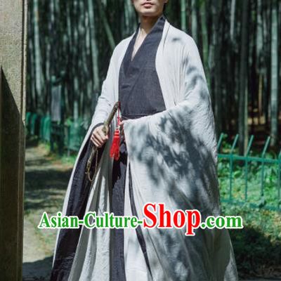 Chinese Ancient Traditional Han Dynasty Grey Wide Sleeve Cloak Scholar Swordsman Costumes for Men