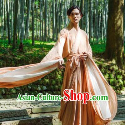 Chinese Ancient Traditional Han Dynasty Orange Wide Sleeve Robe Scholar Swordsman Costumes for Men