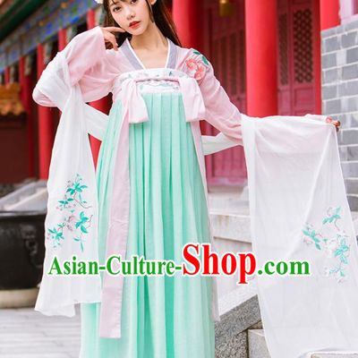 Chinese Ancient Tang Dynasty Nobility Lady Embroidered Green Hanfu Dress Princess Costume for Rich Women