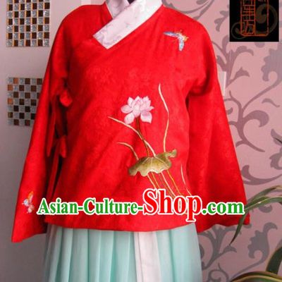 Traditional Chinese Ming Dynasty Costume Ancient Princess Embroidered Lotus Red Blouse for Women