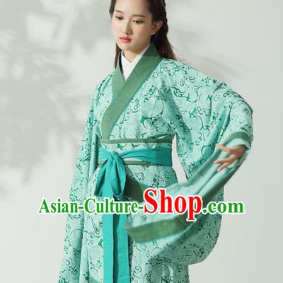 Traditional Chinese Han Dynasty Princess Costume Ancient Light Green Curving-Front Robe for Women